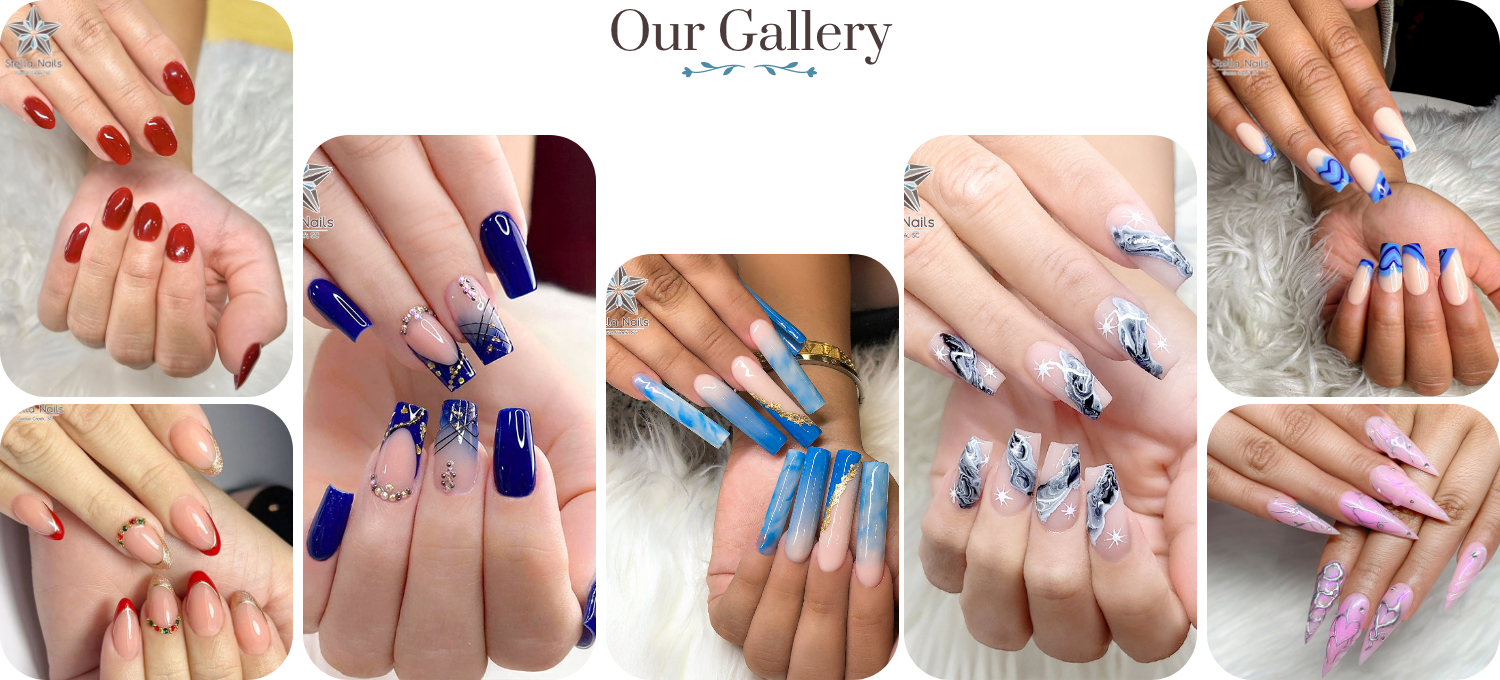 A collage of beautiful nail art designs from Stella Nails
